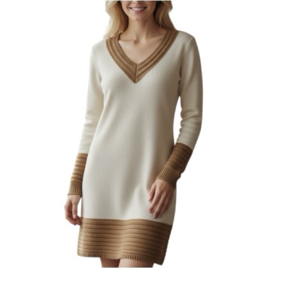 Long sleeve v neck knit sweater dress